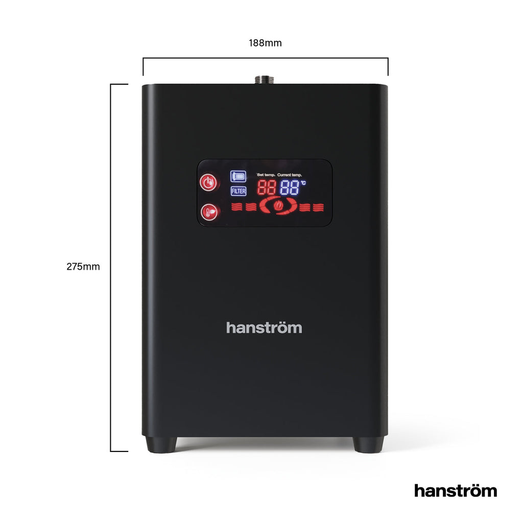 a black digital boiling water tap tank with dimension measurement