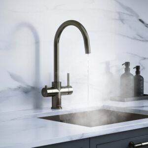 a gunmetal grey swan neck boiling water tap