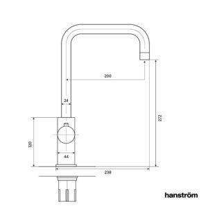 side measurement illustration of square-shaped hot water sink tap