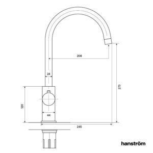 side measurement illustration of swan neck boiler tap