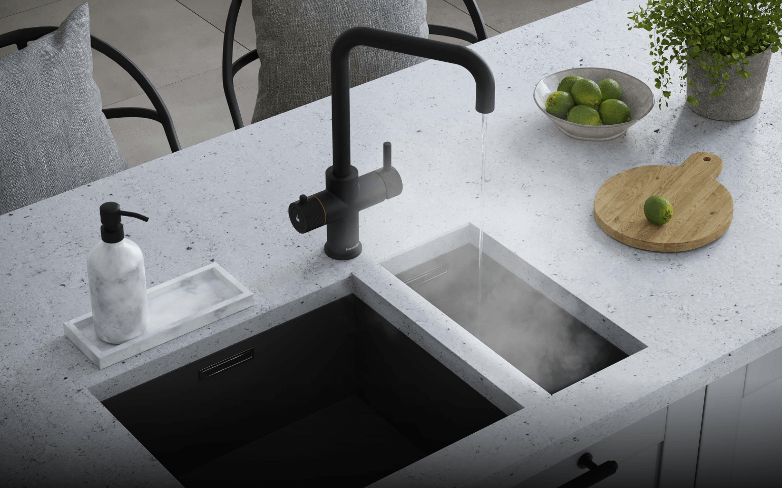 a square-shaped matt black boiling water tap on a white kitchen countertop
