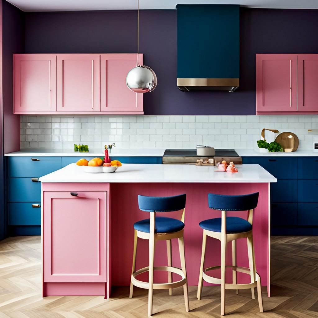 modern kitchen with pink cabinetry and navy chairs and backsplash