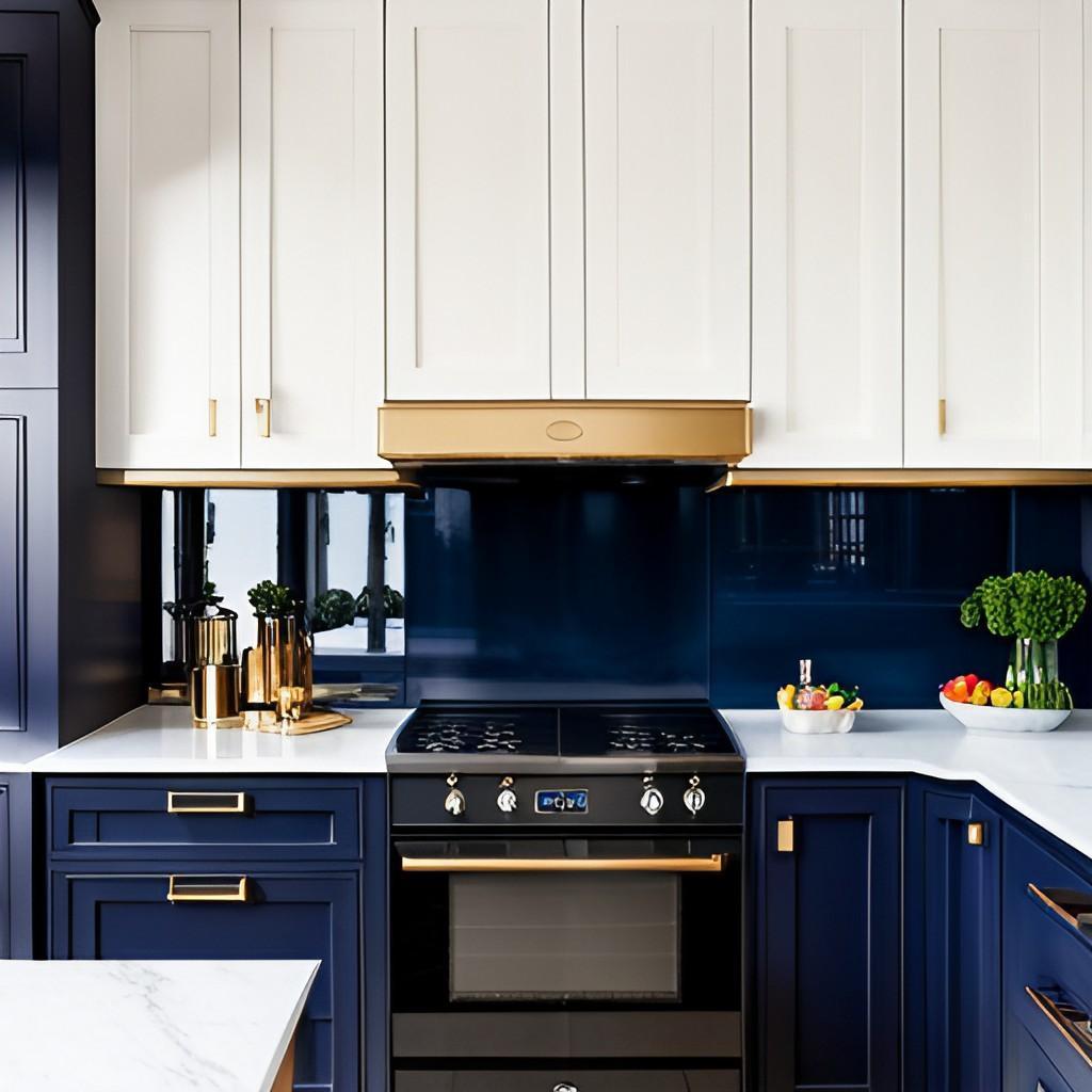 navy kitchen with white worktops and gold cabinet handles and accessories