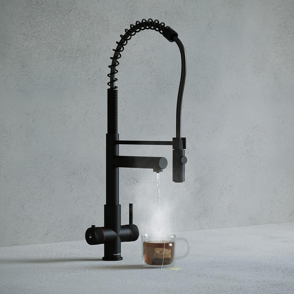 a matte black flexible pull-out spray hot water tap