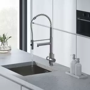 a chrome flexible pull-out spray hot water tap