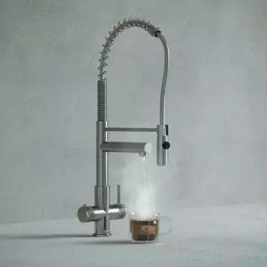 a chrome flexible pull-out spray hot water tap
